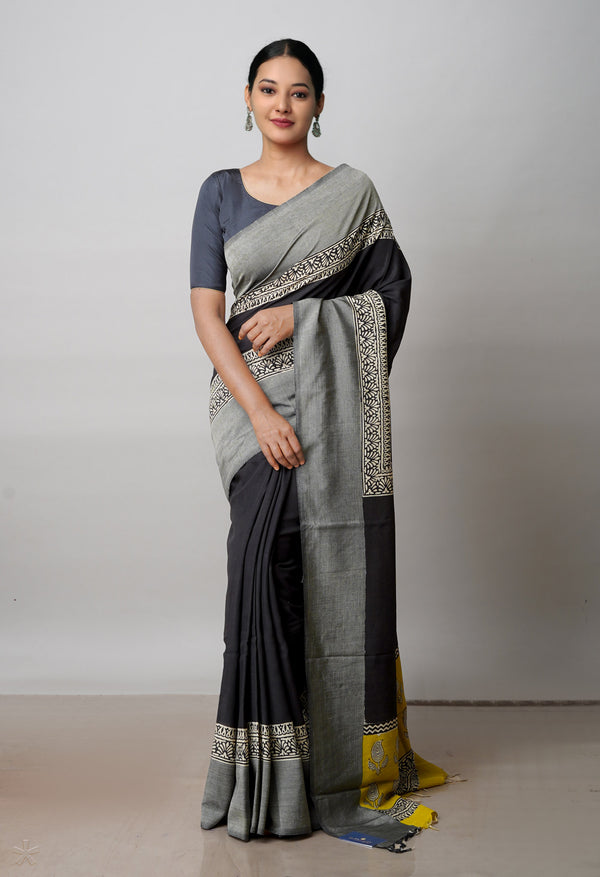 Grey  Bagru Printed Chettinad Soft Silk Saree-UNM72387