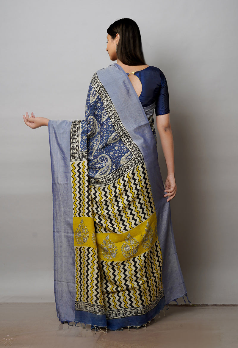 Blue  Bagru Printed Chettinad Soft Silk Saree-UNM72391