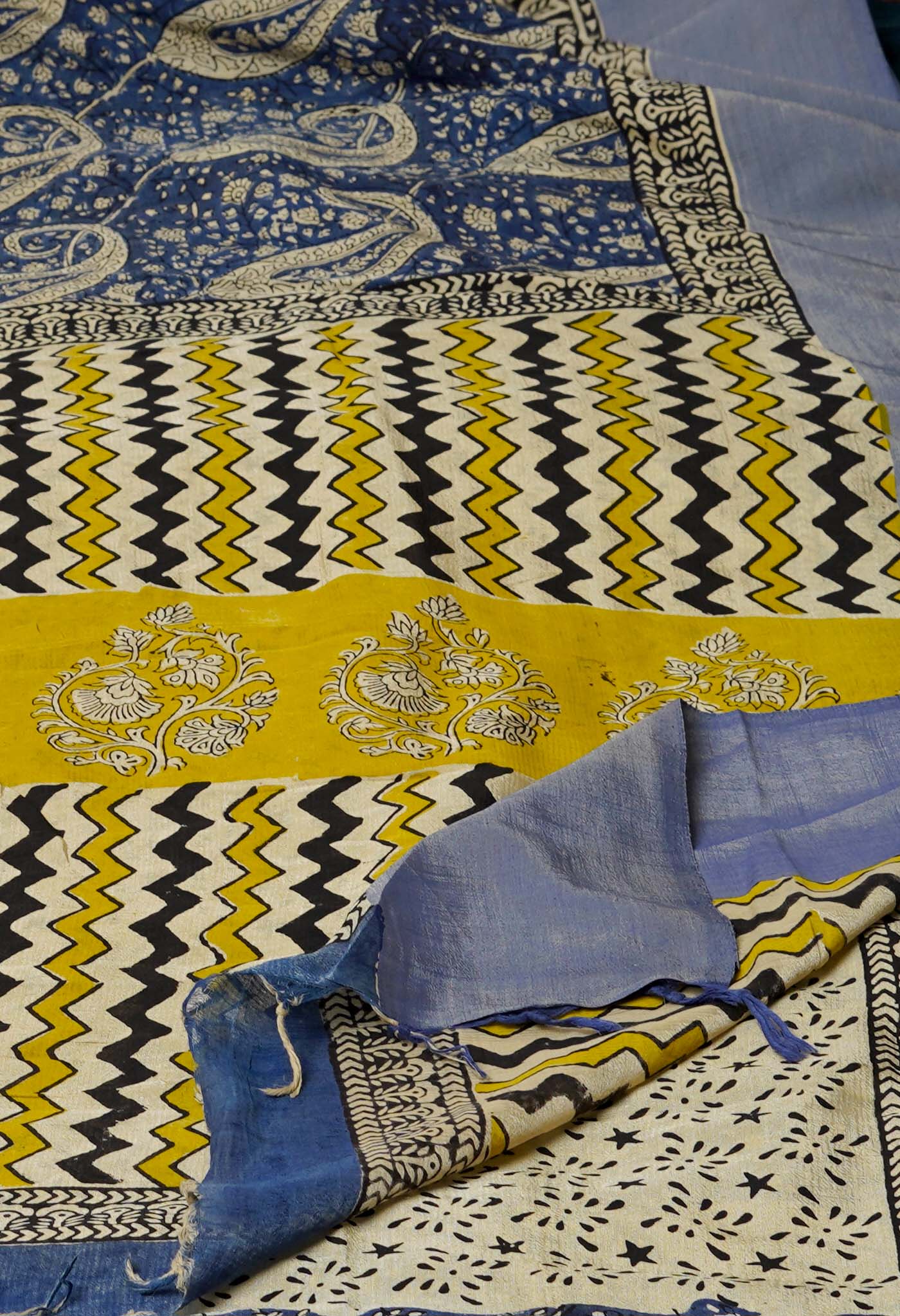 Blue Bagru Printed Chettinad Soft Silk Saree