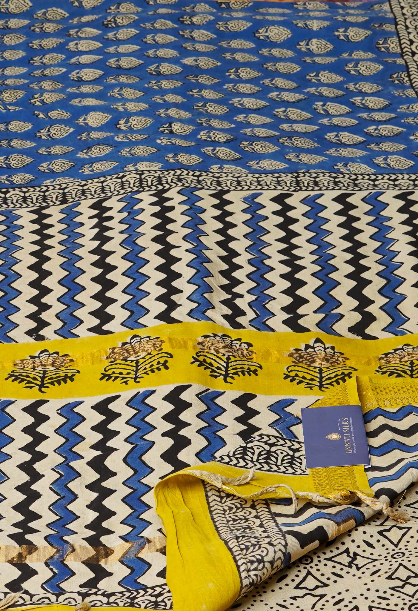 Blue Bagru Printed Mangalagiri Soft Silk Saree