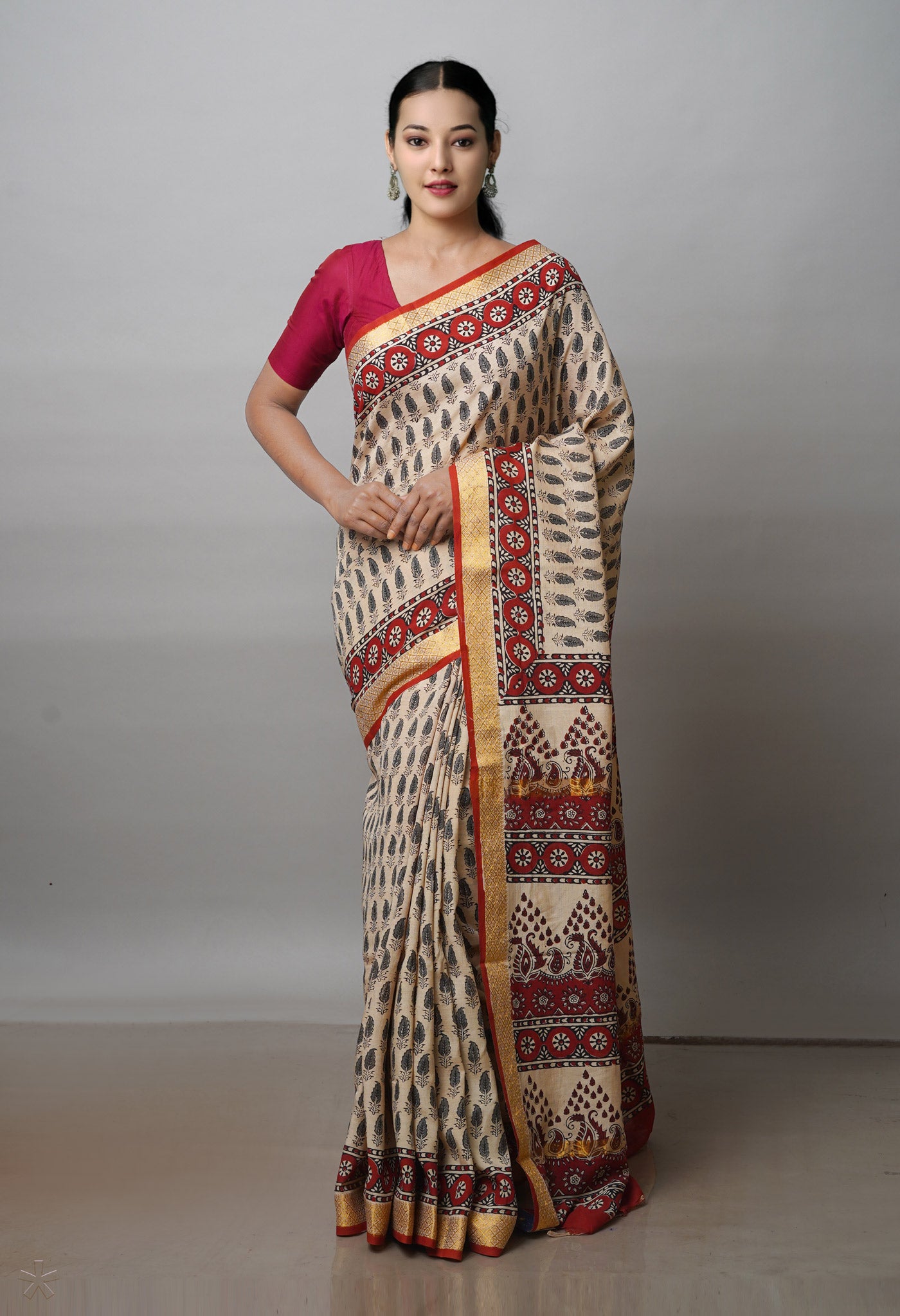 Cream  Bagru Printed Mangalagiri Soft Silk Saree-UNM72396