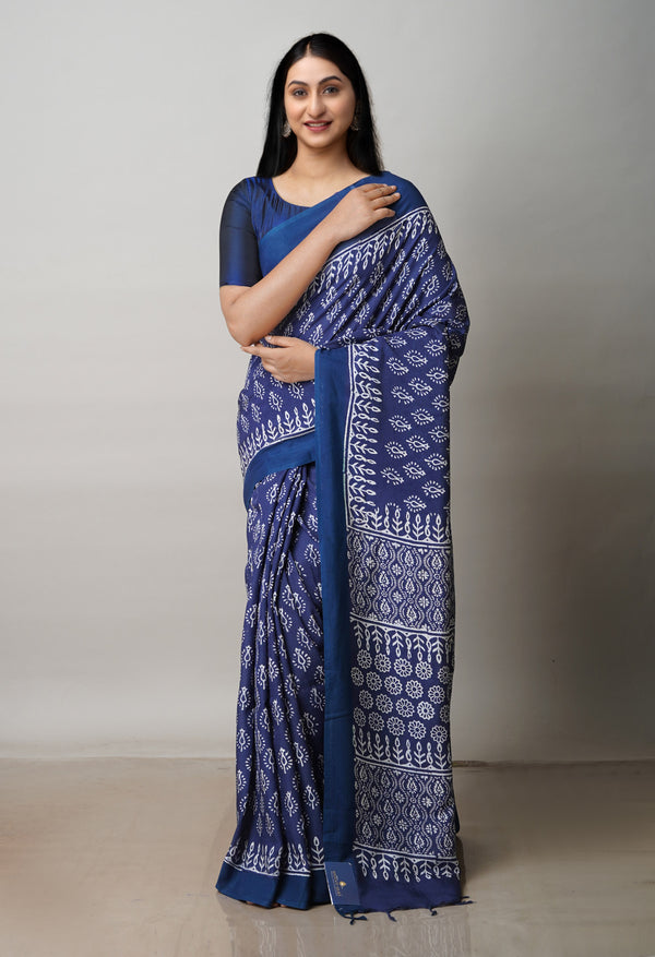 Navy Blue  Block Printed Paturu Soft Silk Saree-UNM72418