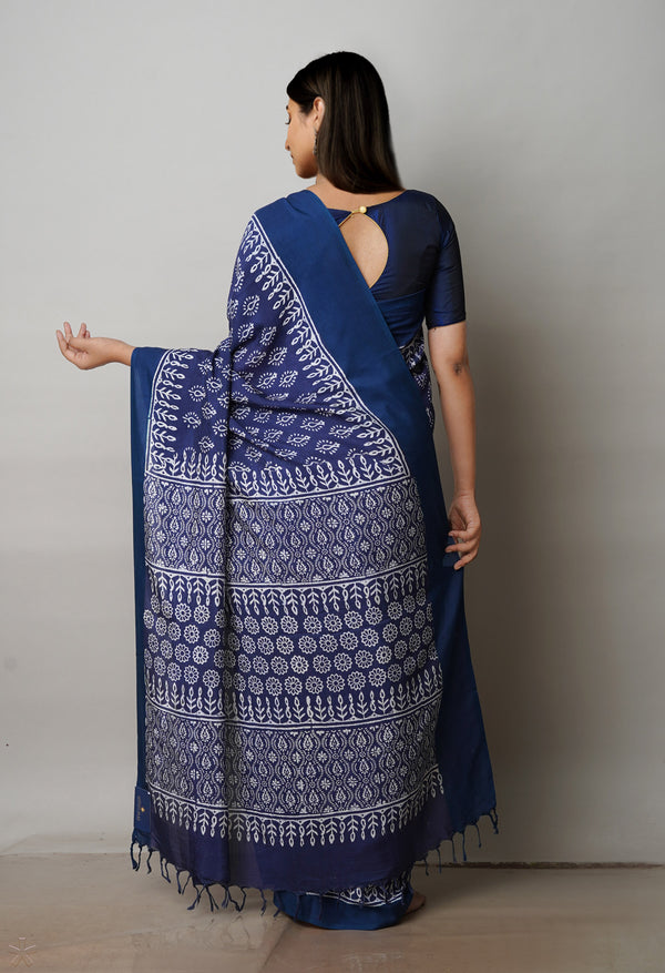 Navy Blue  Block Printed Paturu Soft Silk Saree-UNM72418