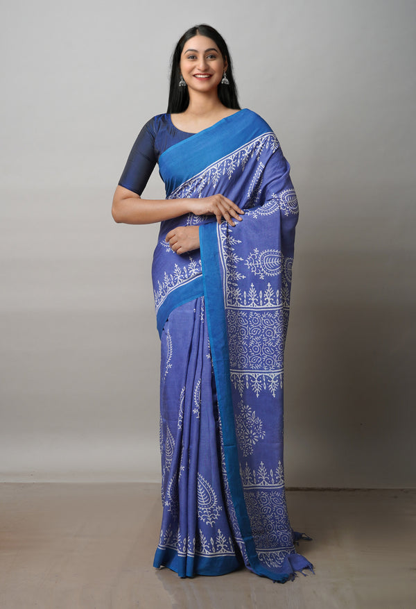 Blue  Block Printed Paturu Soft Silk Saree-UNM72419