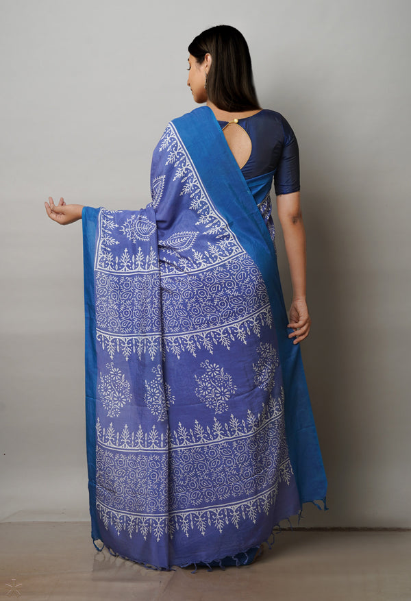 Blue  Block Printed Paturu Soft Silk Saree-UNM72419