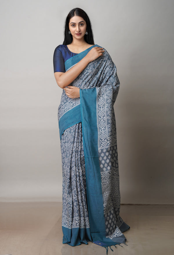 Grey  Block Printed Paturu Soft Silk Saree-UNM72420