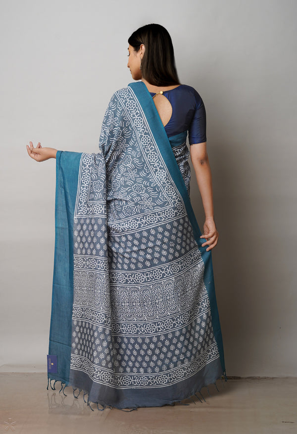 Grey  Block Printed Paturu Soft Silk Saree-UNM72420