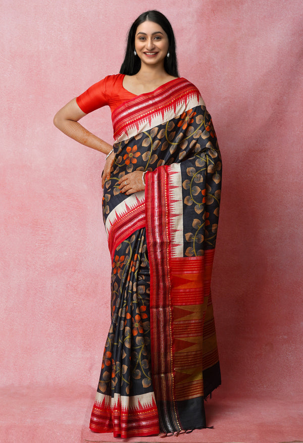 Black Pure  Handloom Block Printed Vidarbha Tussar  Jute Saree-UNM72421