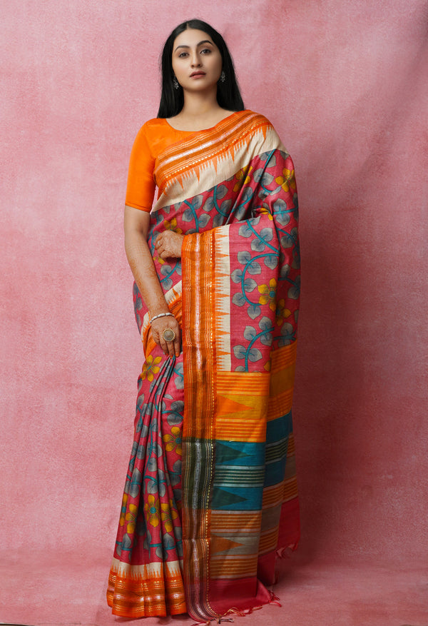 Peach Red Pure Handloom Block Printed Vidarbha Tussar  Jute Saree-UNM72422