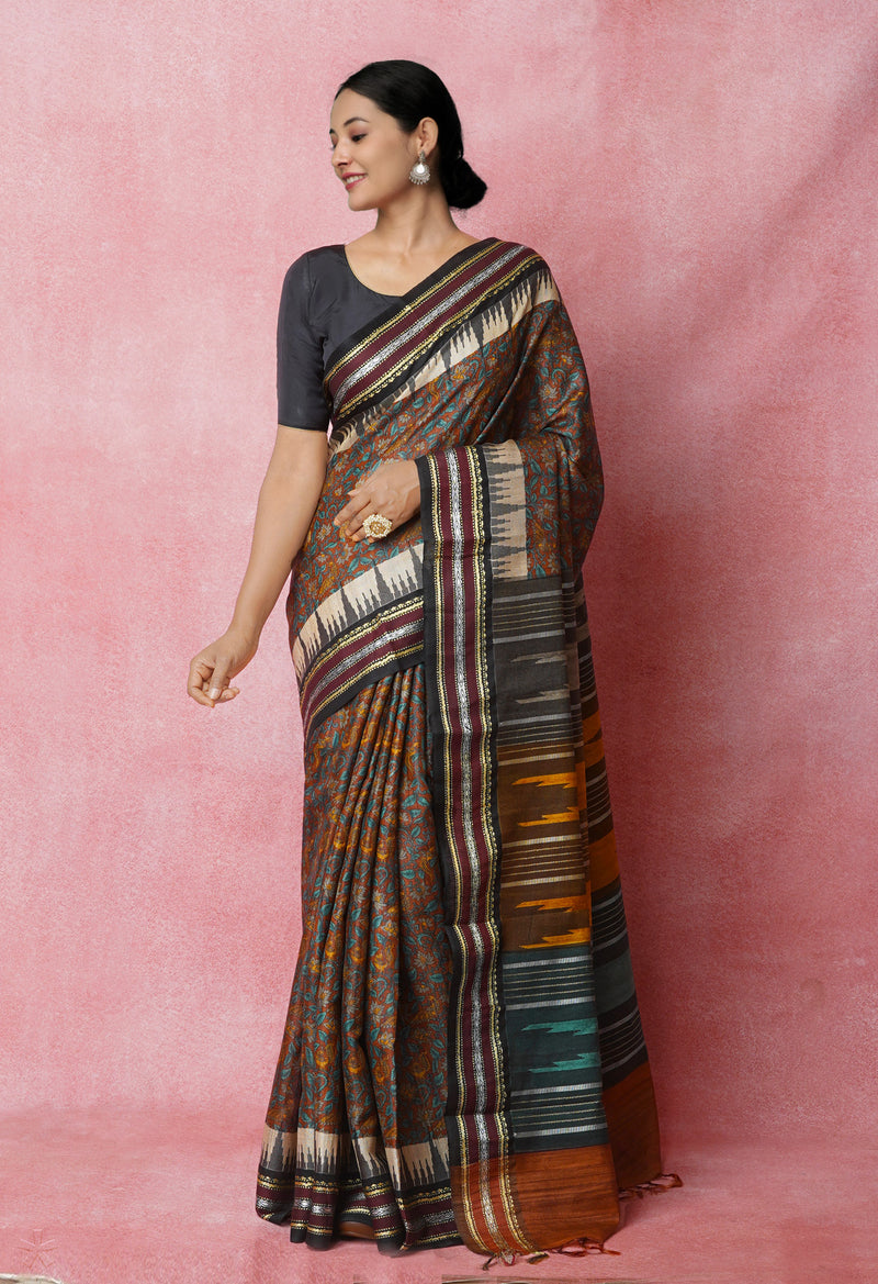 Dark Brown Pure Handloom Block Printed Vidarbha Tussar  Jute Saree-UNM72424