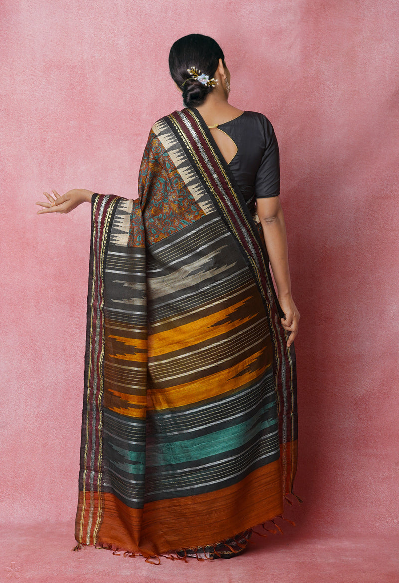 Dark Brown Pure Handloom Block Printed Vidarbha Tussar  Jute Saree-UNM72424