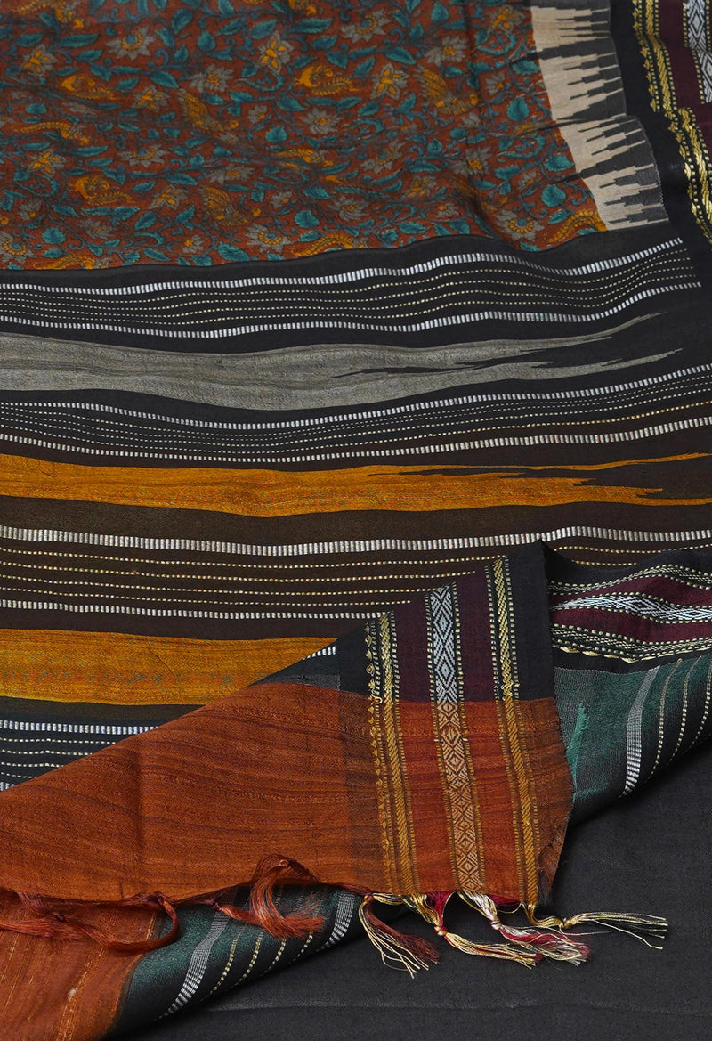 Dark Brown Pure Handloom Block Printed Vidarbha Tussar  Jute Saree-UNM72424