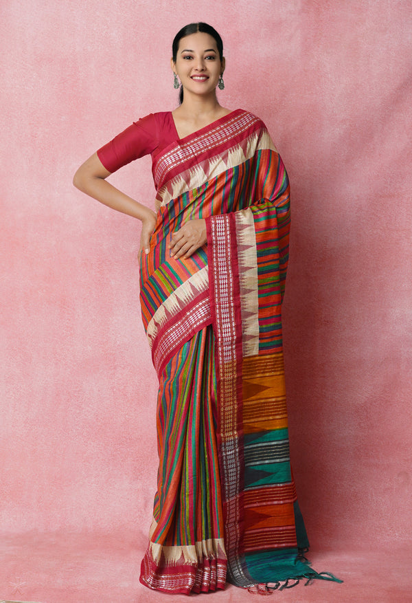 Multi Pure Handloom Block Printed Vidarbha Tussar  Jute Saree-UNM72426