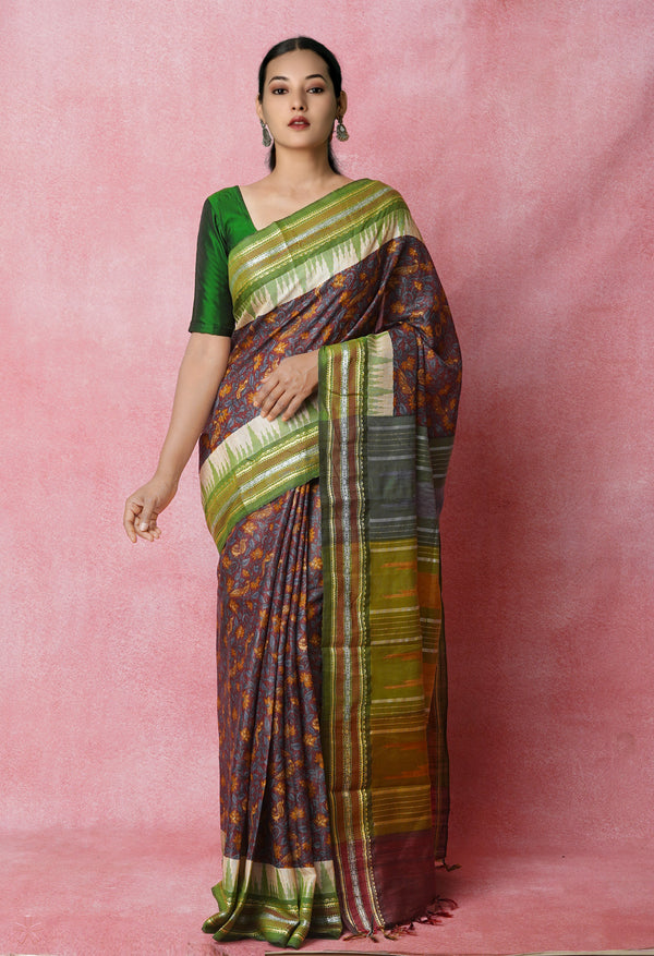 Maroon Pure Handloom Block Printed Vidarbha Tussar  Jute Saree-UNM72427