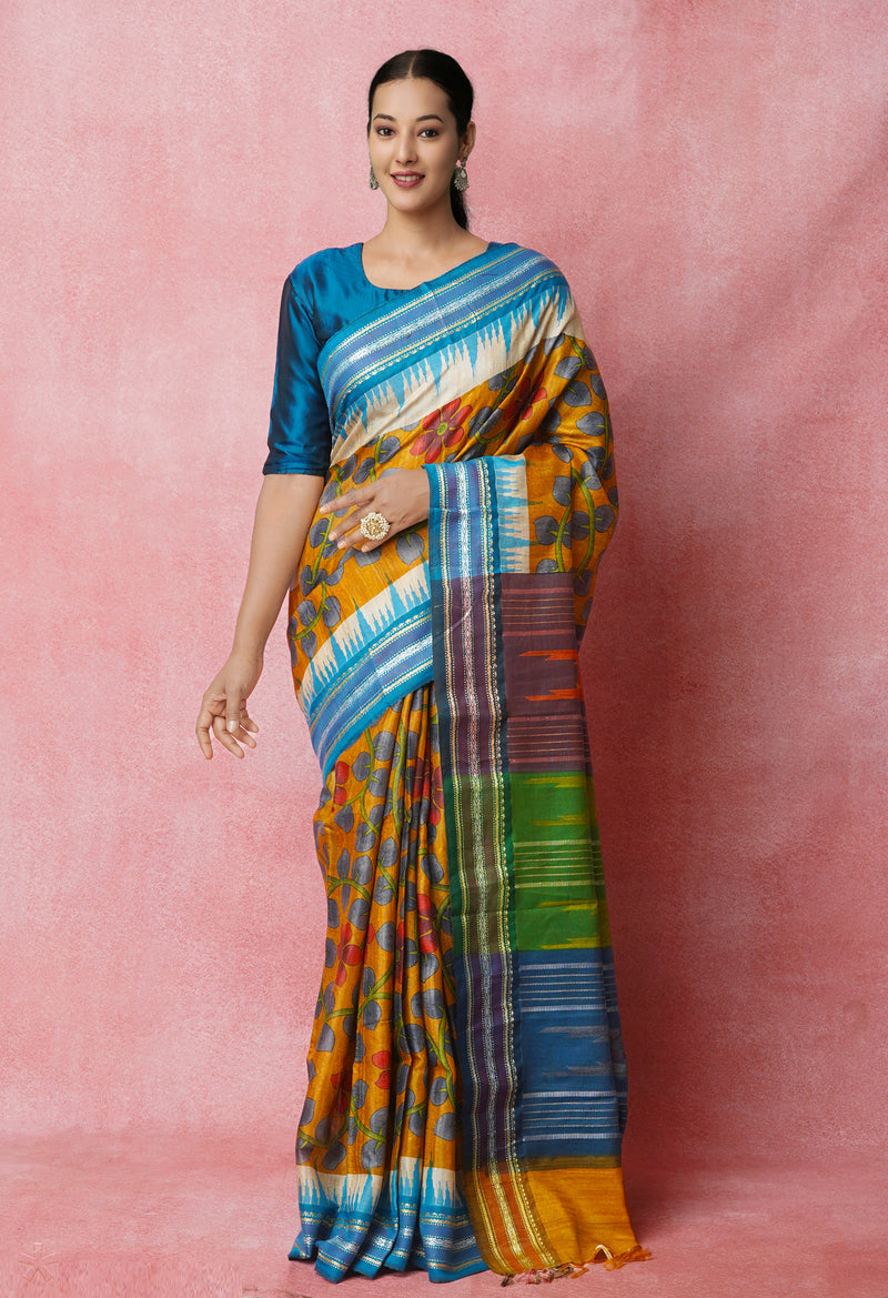 Mustard Yellow Pure Handloom Block Printed Vidarbha Tussar  Jute Saree-UNM72430