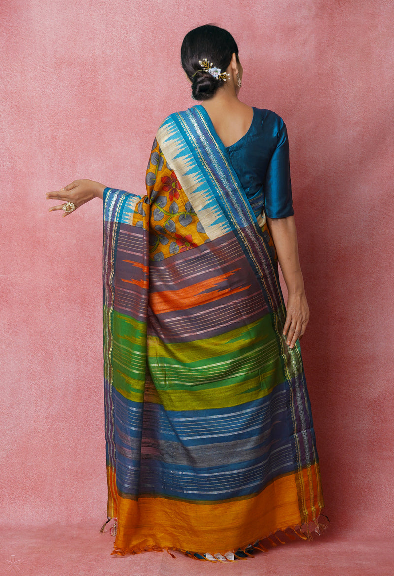 Mustard Yellow Pure Handloom Block Printed Vidarbha Tussar  Jute Saree-UNM72430