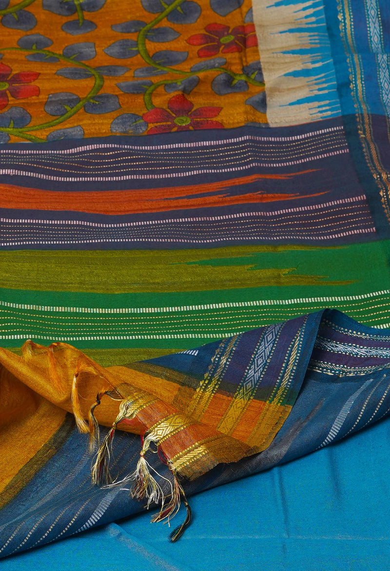 Mustard Yellow Pure Handloom Block Printed Vidarbha Tussar  Jute Saree-UNM72430