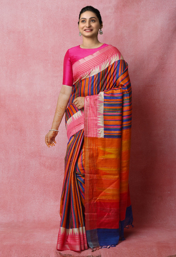 Multi Pure Handloom Printed Vidarbha Tussar Jute Saree-UNM72431