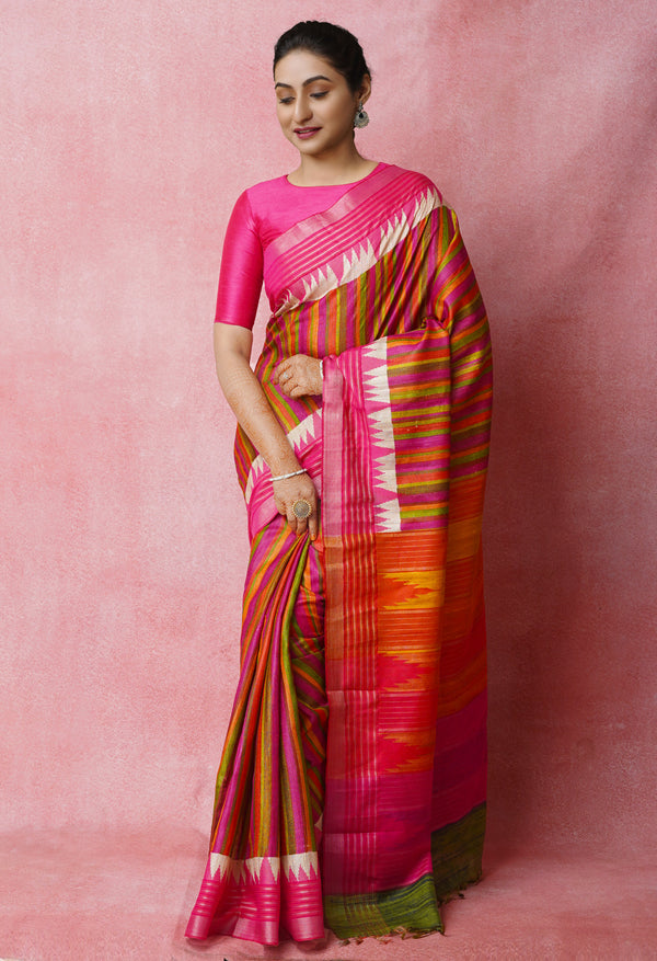 Multi Pure Handloom Printed Vidarbha Tussar Jute Saree-UNM72432
