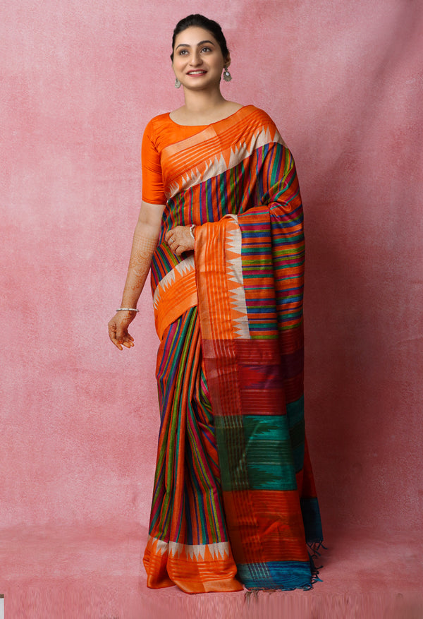 Multi Pure Handloom Printed Vidarbha Tussar Jute Saree-UNM72433