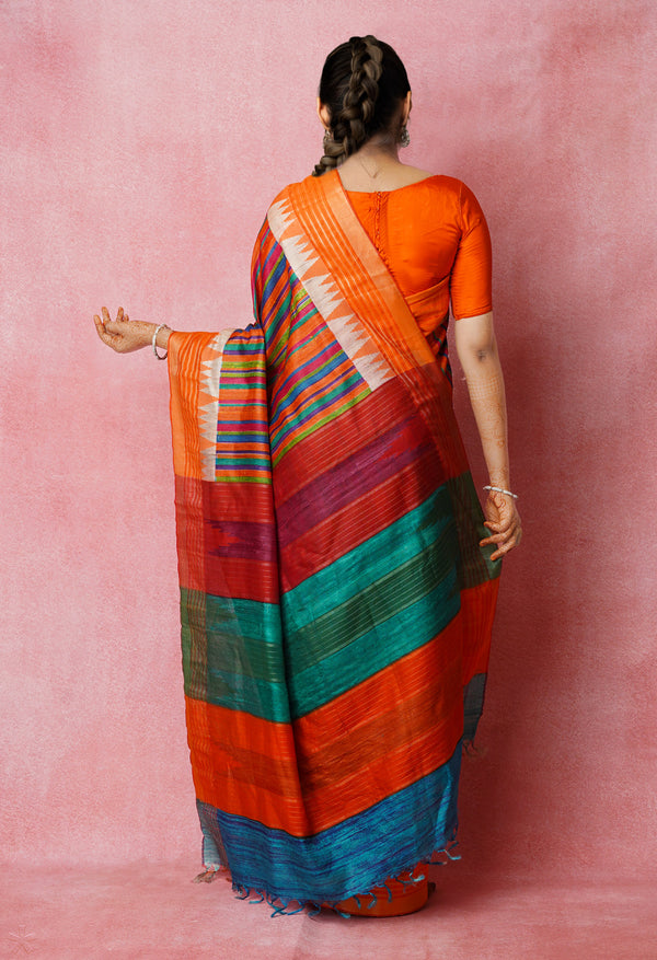 Multi Pure Handloom Printed Vidarbha Tussar Jute Saree-UNM72433