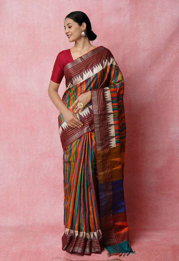 Multi Pure Handloom Printed Vidarbha Tussar Jute Saree-UNM72436