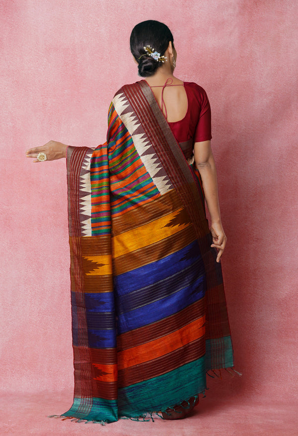 Multi Pure Handloom Printed Vidarbha Tussar Jute Saree-UNM72436