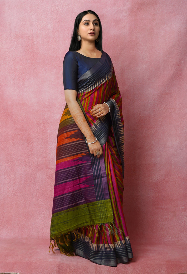 Multi Pure Handloom Printed Vidarbha Tussar Jute Saree-UNM72438