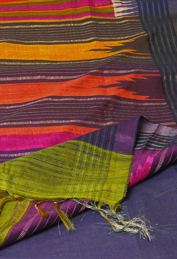 Multi Pure Handloom Printed Vidarbha Tussar Jute Saree-UNM72438