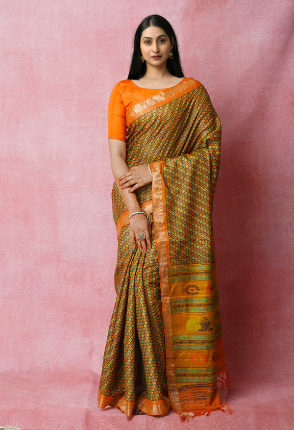 Dark Green Pure Handloom Block Printed Vidarbha Tussar  Jute Saree-UNM72439