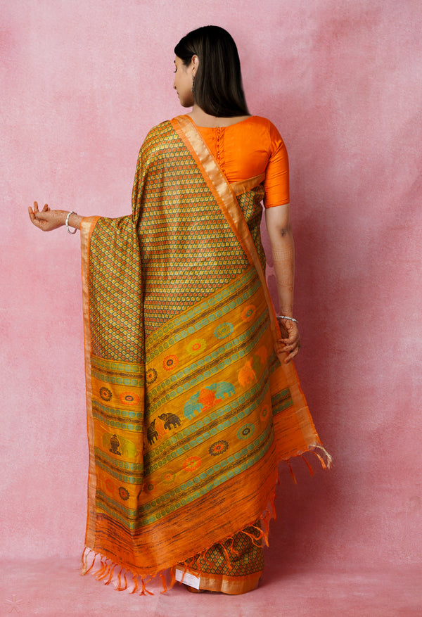 Dark Green Pure Handloom Block Printed Vidarbha Tussar  Jute Saree-UNM72439