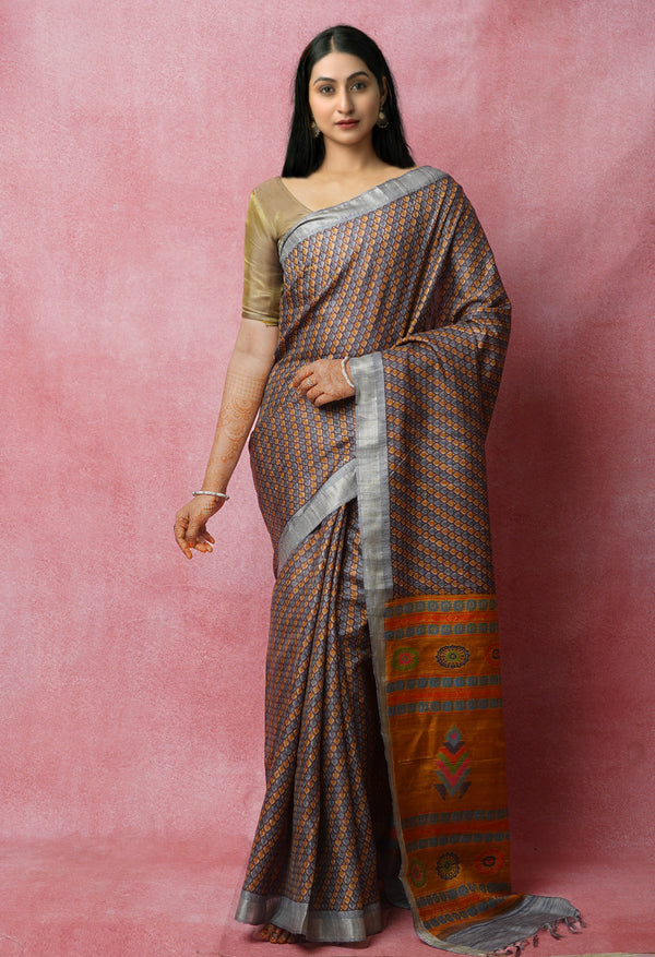 Violet Pure Handloom Block Printed Vidarbha Tussar Jute Saree-UNM72440