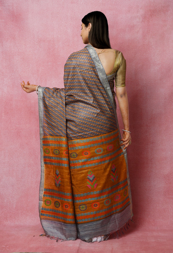 Violet Pure Handloom Block Printed Vidarbha Tussar Jute Saree-UNM72440