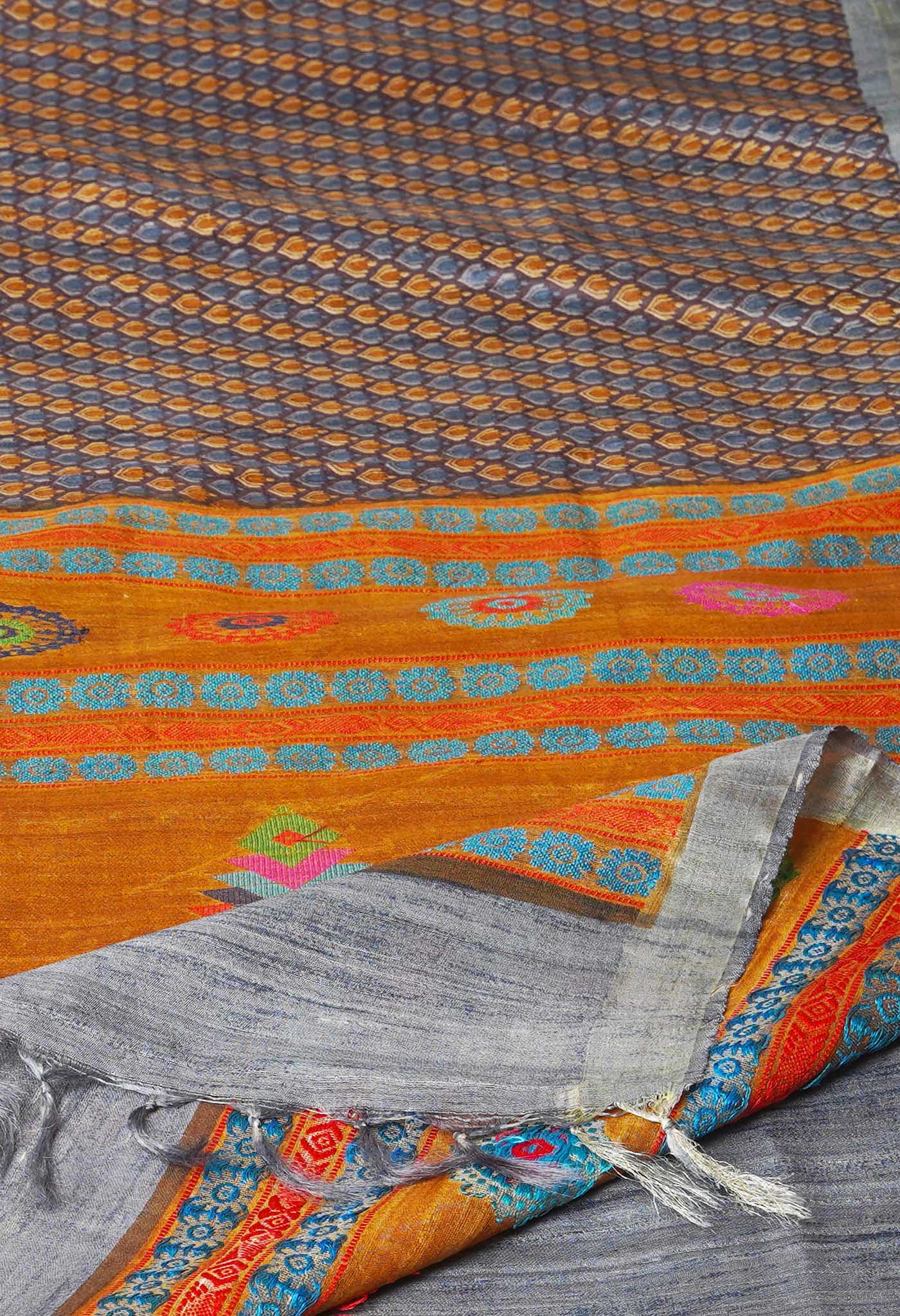 Violet Pure Handloom Block Printed Vidarbha Tussar Jute Saree