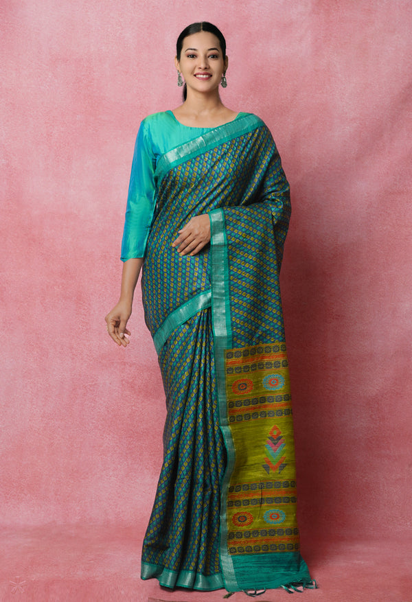 Navy Blue Pure Handloom Block Printed Vidarbha Tussar Jute Saree-UNM72442