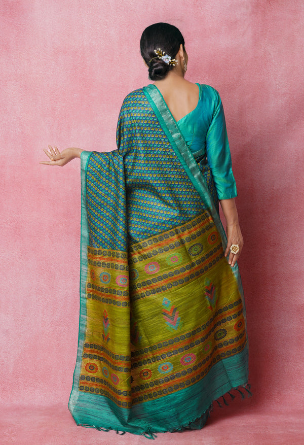 Navy Blue Pure Handloom Block Printed Vidarbha Tussar Jute Saree-UNM72442