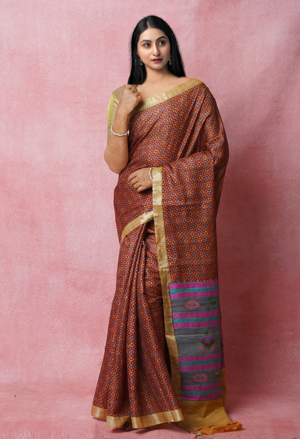 Maroon Pure Handloom Block Printed Vidarbha Tussar Jute Saree-UNM72443