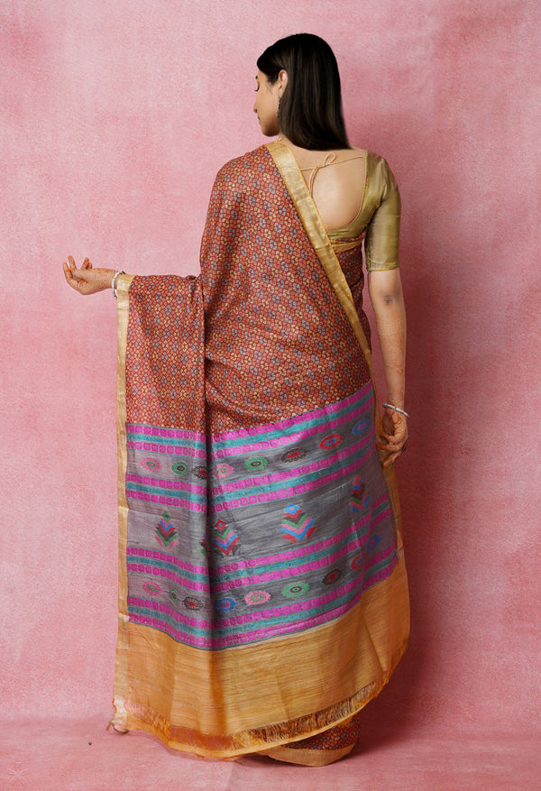 Maroon Pure Handloom Block Printed Vidarbha Tussar Jute Saree-UNM72443