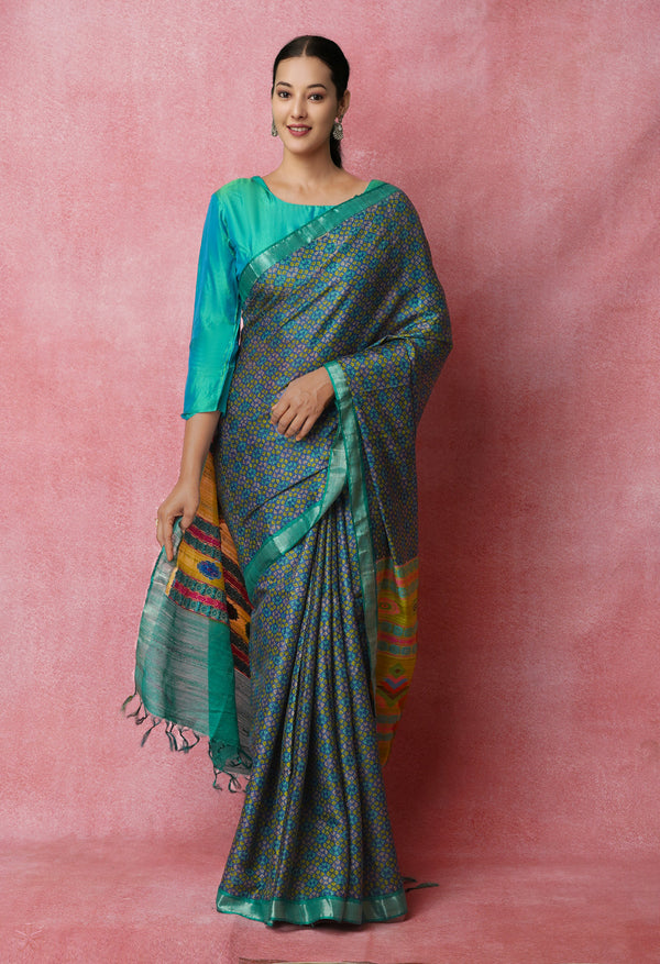 Navy Blue Pure Handloom Block Printed Vidarbha Tussar Jute Saree-UNM72444
