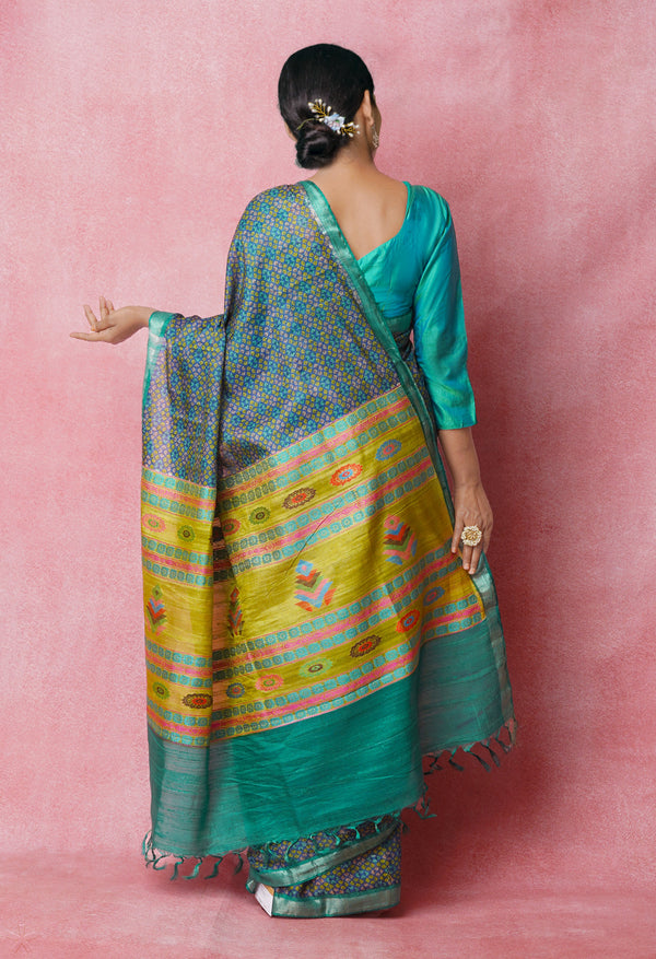 Navy Blue Pure Handloom Block Printed Vidarbha Tussar Jute Saree-UNM72444