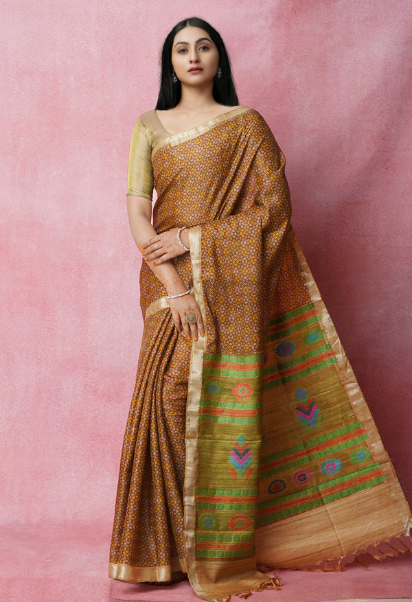 Dark Brown Pure Handloom Block Printed Vidarbha Tussar Jute Saree-UNM72445