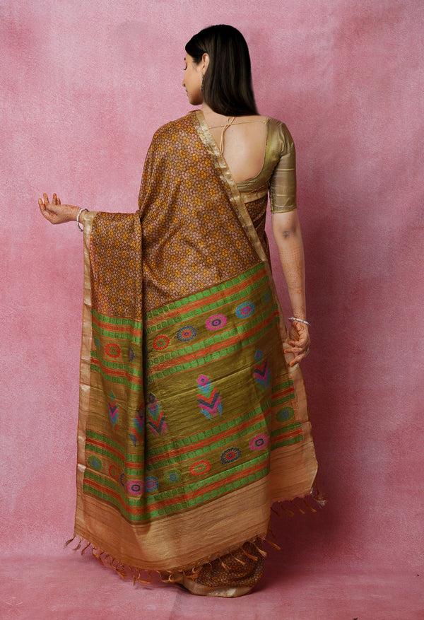 Dark Brown Pure Handloom Block Printed Vidarbha Tussar Jute Saree-UNM72445