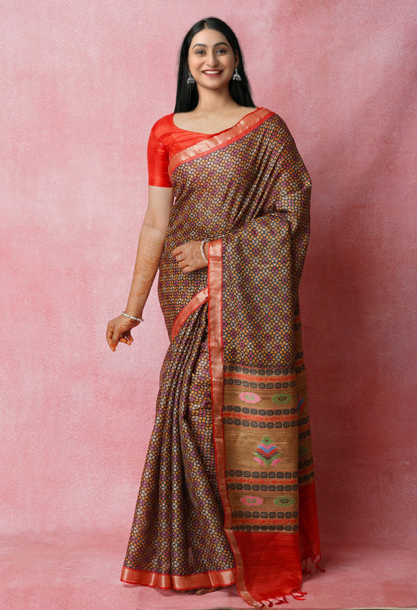 Black Pure Handloom Block Printed Vidarbha Tussar Jute Saree-UNM72446