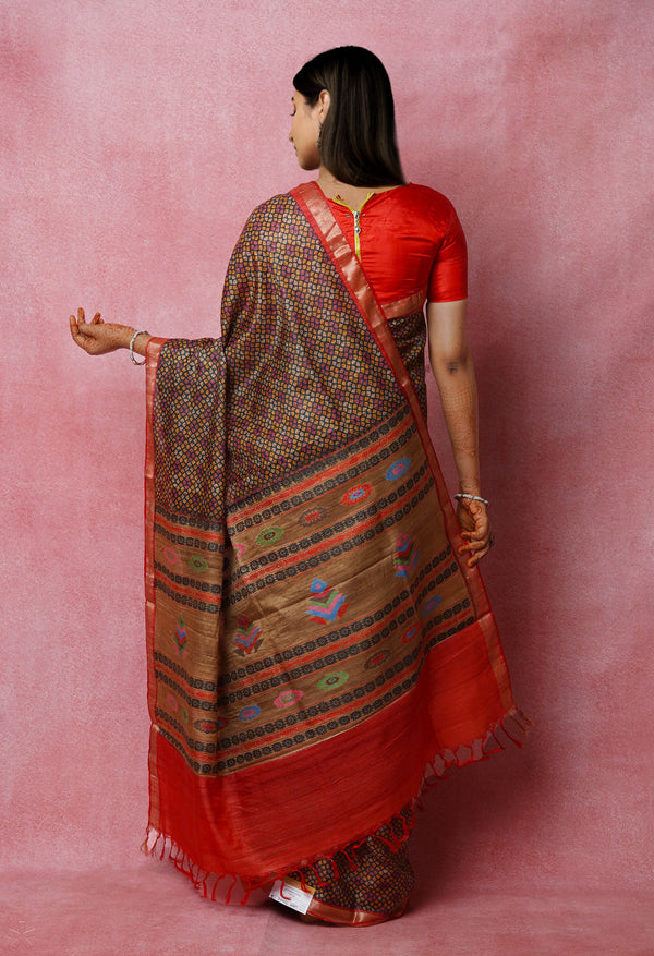 Black Pure Handloom Block Printed Vidarbha Tussar Jute Saree-UNM72446