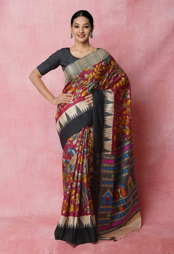 Maroon Pure Handloom Kalamkari Printed Vidarbha Tussar Jute Saree-UNM72447