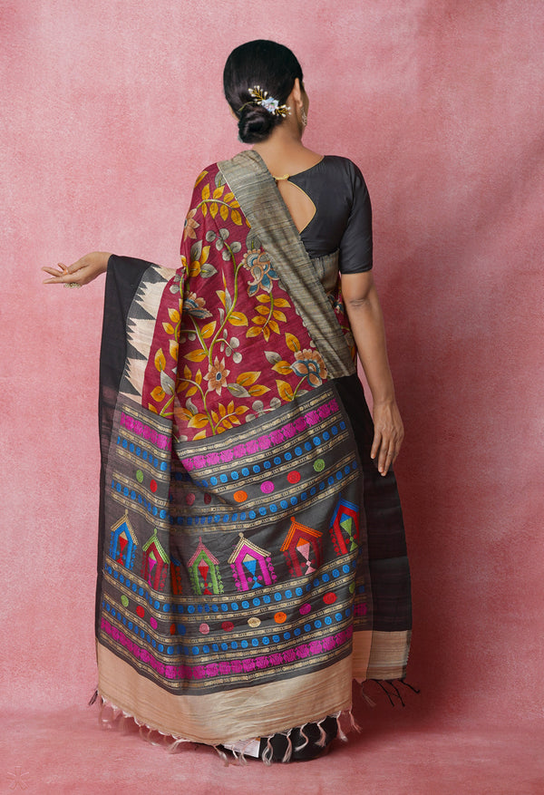 Maroon Pure Handloom Kalamkari Printed Vidarbha Tussar Jute Saree-UNM72447