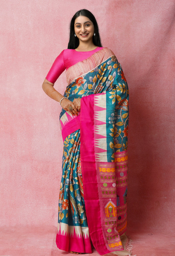 Peacock Green Pure Handloom Kalamkari Printed Vidarbha Tussar Jute Saree-UNM72448