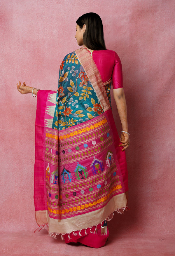 Peacock Green Pure Handloom Kalamkari Printed Vidarbha Tussar Jute Saree-UNM72448