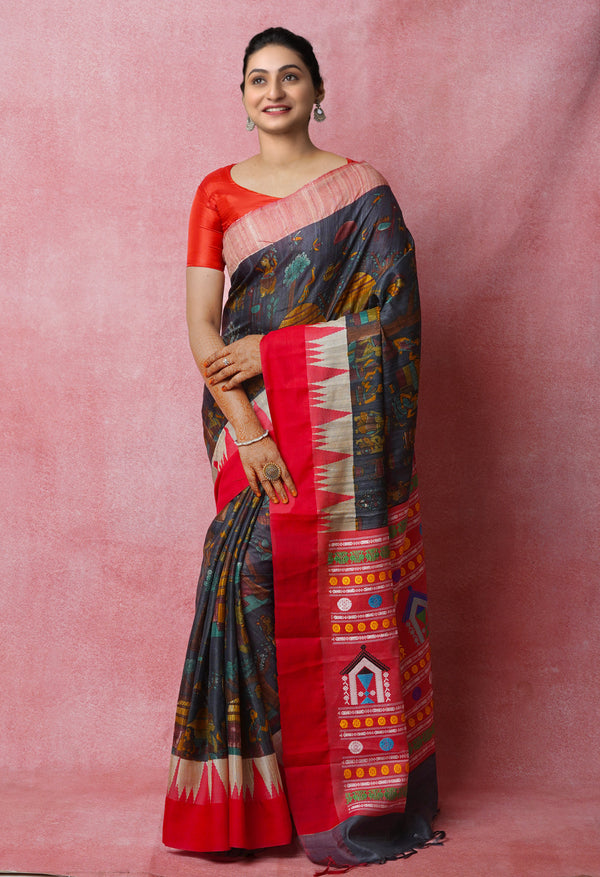 Pewter Grey Pure Handloom Kalamkari Printed Vidarbha Tussar Jute Saree-UNM72449