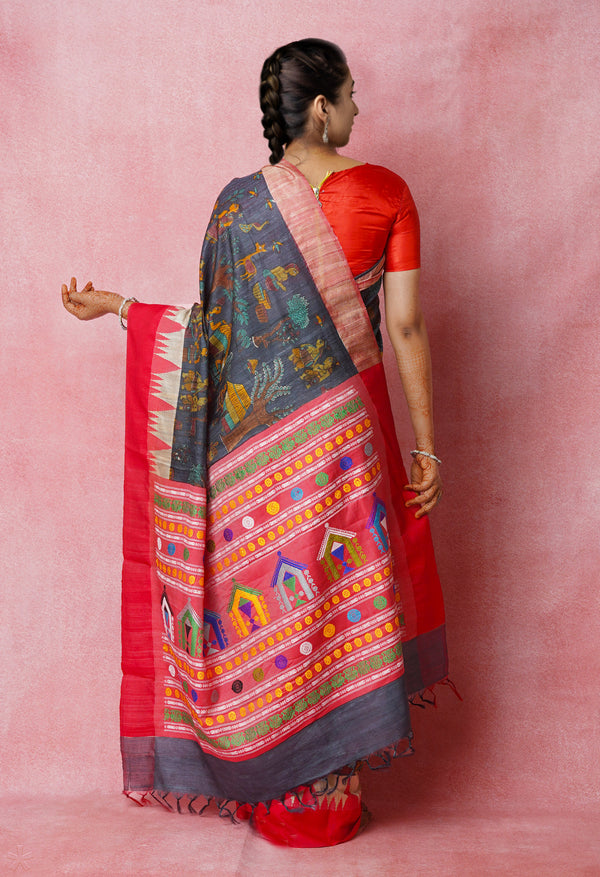 Pewter Grey Pure Handloom Kalamkari Printed Vidarbha Tussar Jute Saree-UNM72449